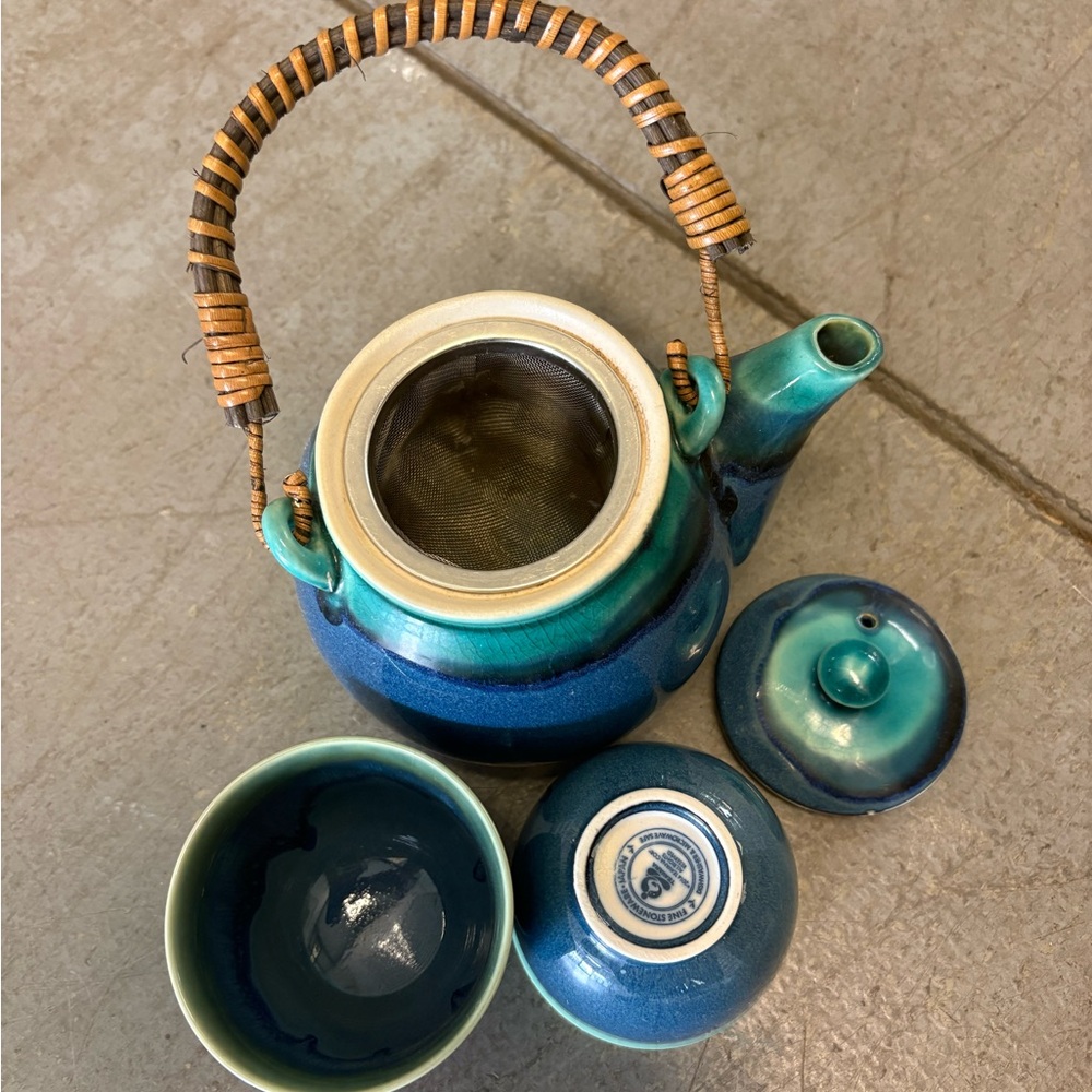 Teavana Blue Stoneware Teapot Set